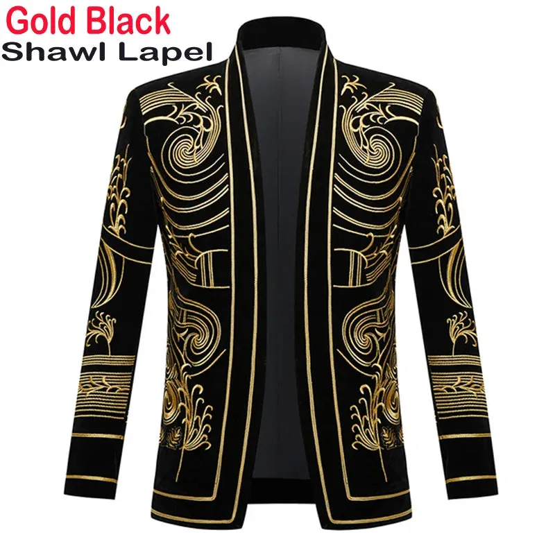 Luxury Baroque Gold Floral Embroidery Blazer Jacket Me'sn Shawl Lapel Velvet Cardigan Blazers  Wedding Party Prom Homme