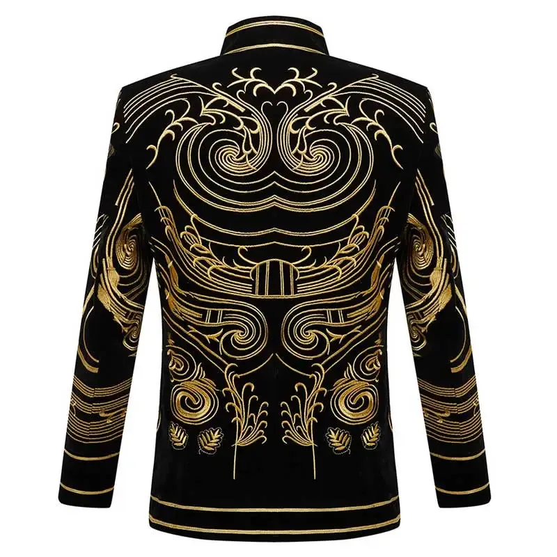 Luxury Baroque Gold Floral Embroidery Blazer Jacket Me'sn Shawl Lapel Velvet Cardigan Blazers  Wedding Party Prom Homme