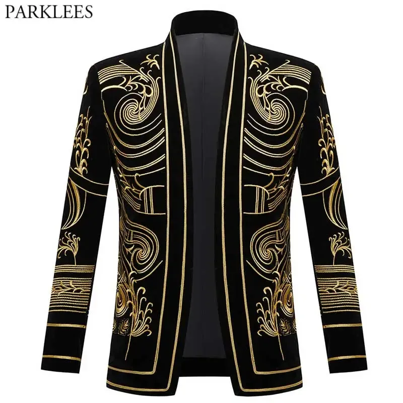 Luxury Baroque Gold Floral Embroidery Blazer Jacket Me'sn Shawl Lapel Velvet Cardigan Blazers  Wedding Party Prom Homme