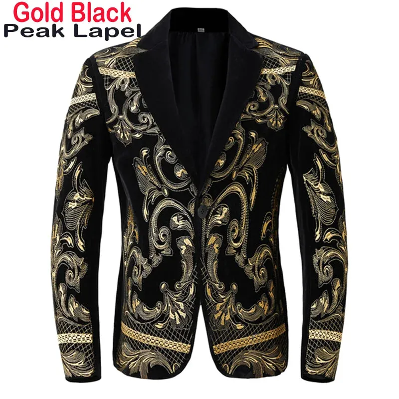 Luxury Baroque Gold Floral Embroidery Blazer Jacket Me'sn Shawl Lapel Velvet Cardigan Blazers  Wedding Party Prom Homme