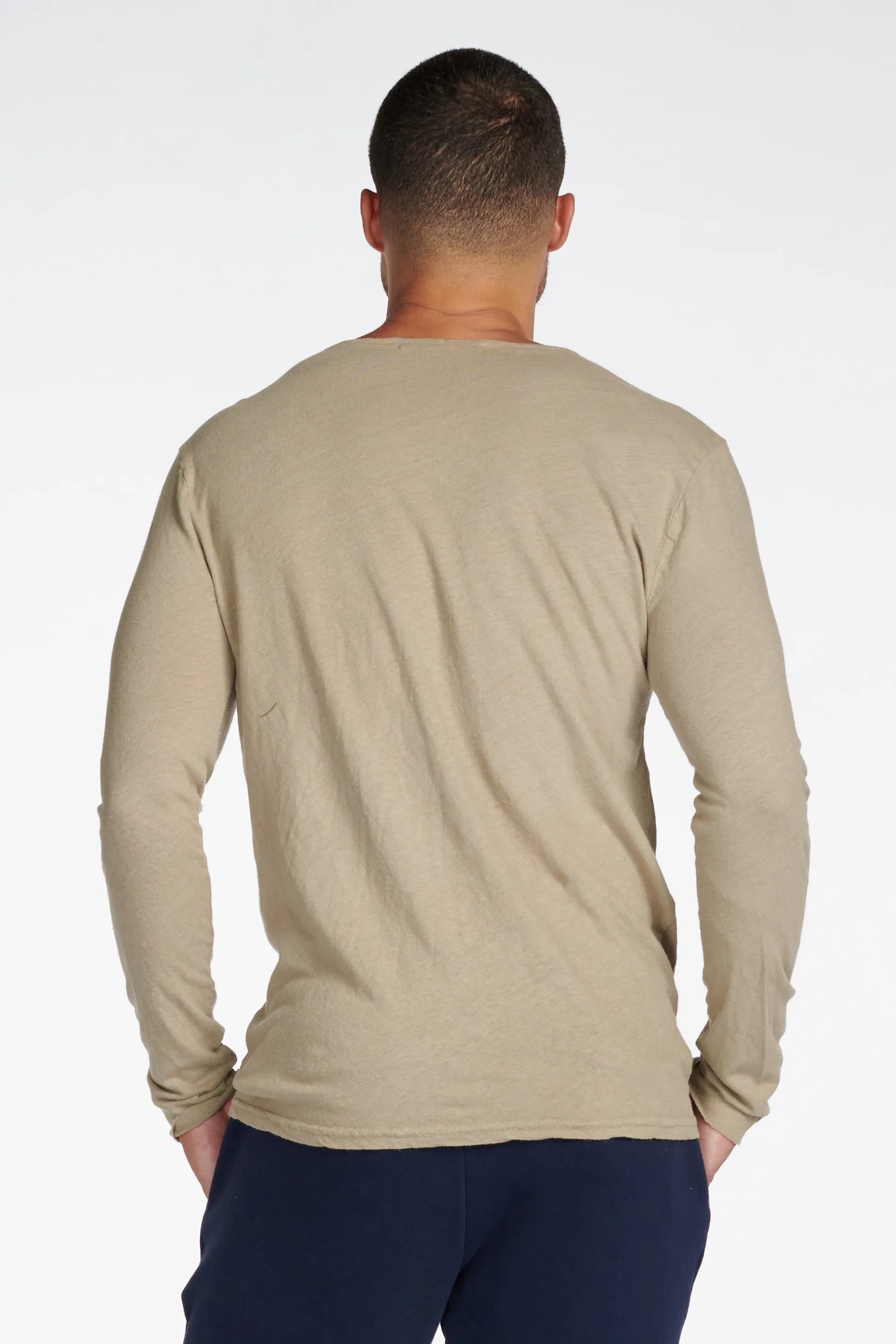 Men's Linen Blend Crew Neck Long Sleeve