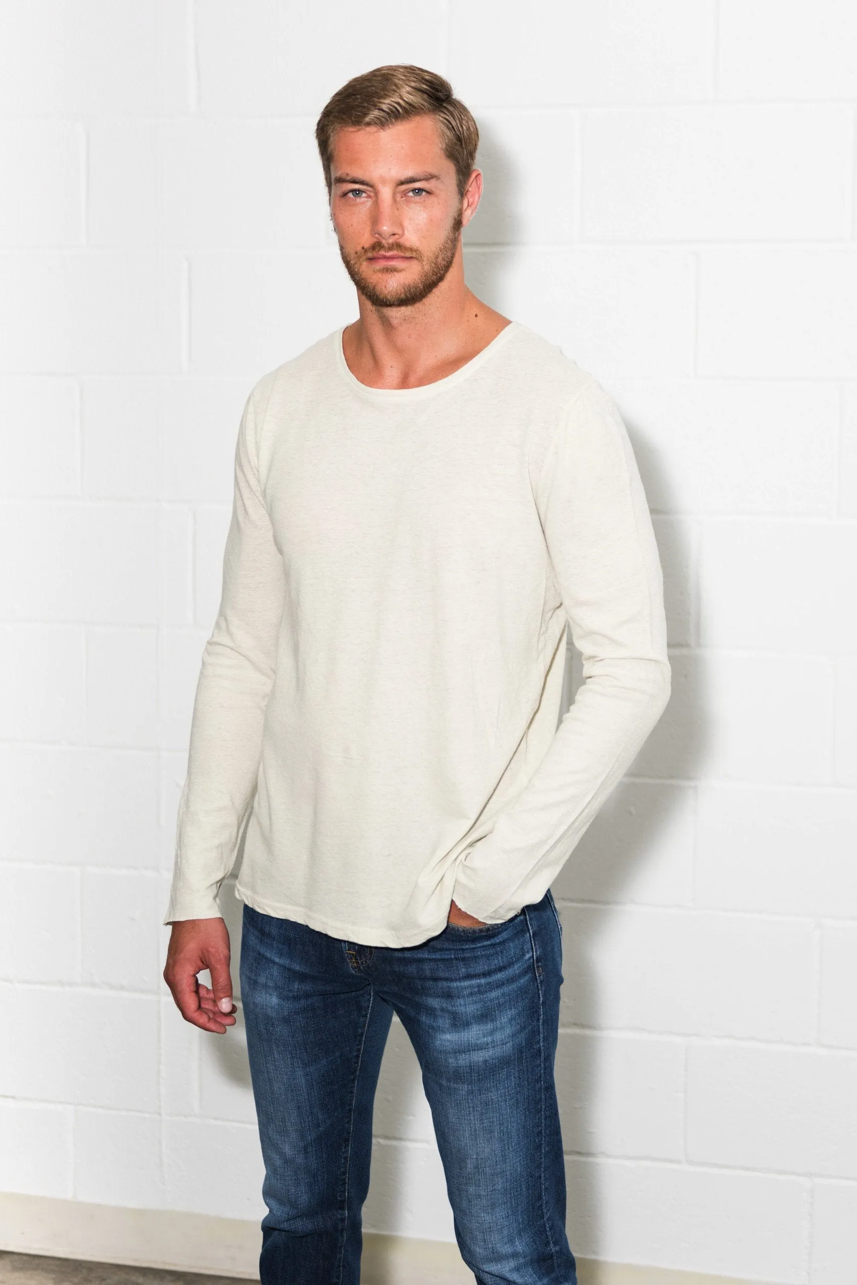 Men's Linen Blend Crew Neck Long Sleeve