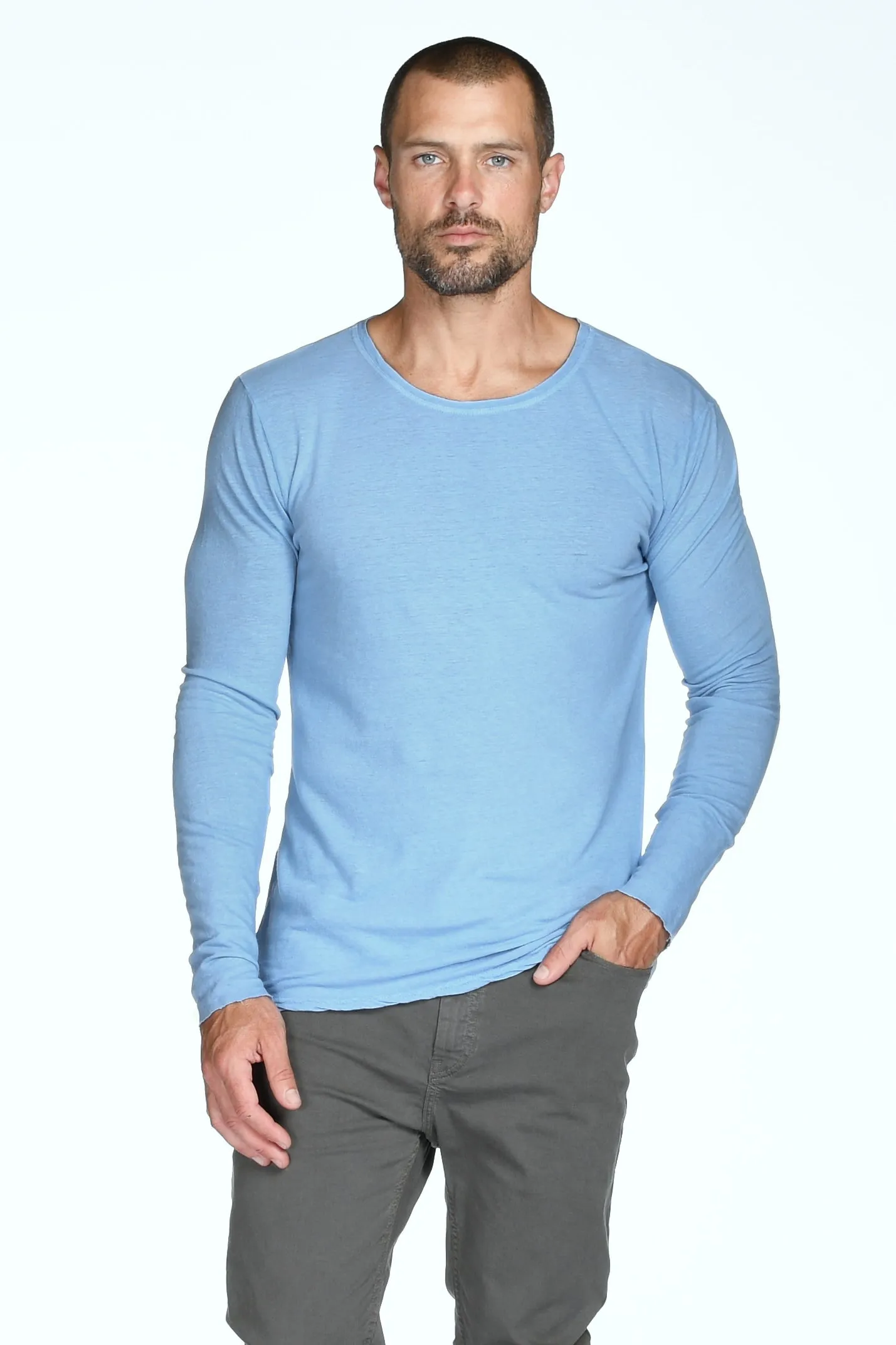 Men's Linen Blend Crew Neck Long Sleeve