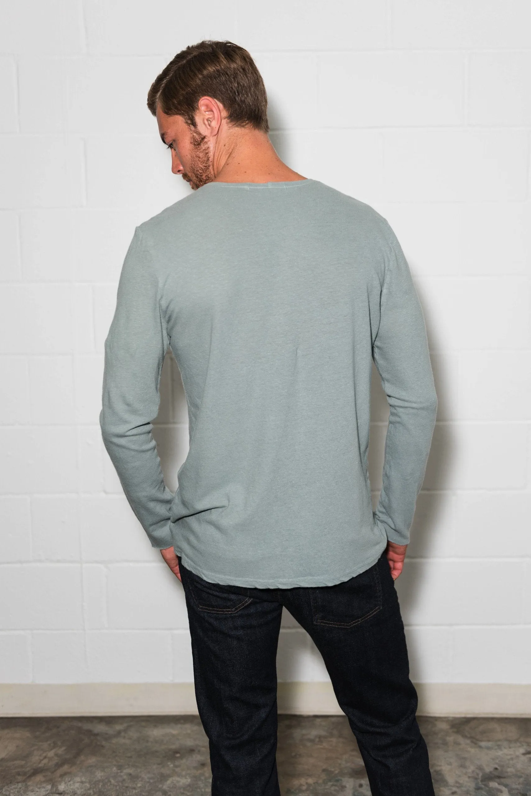 Men's Linen Blend Crew Neck Long Sleeve