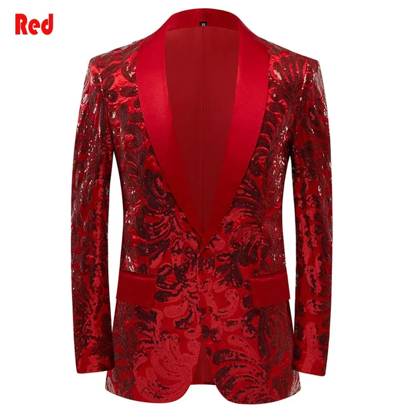 Men's Shiny Red Sequins Floral Suit Jacket One Button Shawl Lapel Tuxedo Party Wedding Banquet Prom Homme blazers