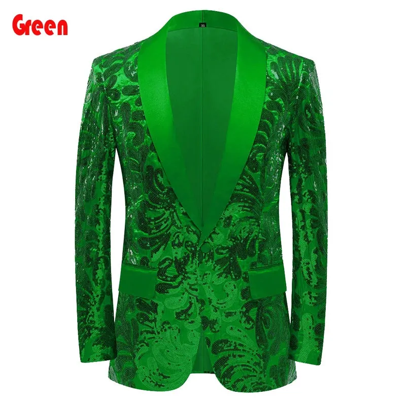 Men's Shiny Red Sequins Floral Suit Jacket One Button Shawl Lapel Tuxedo Party Wedding Banquet Prom Homme blazers