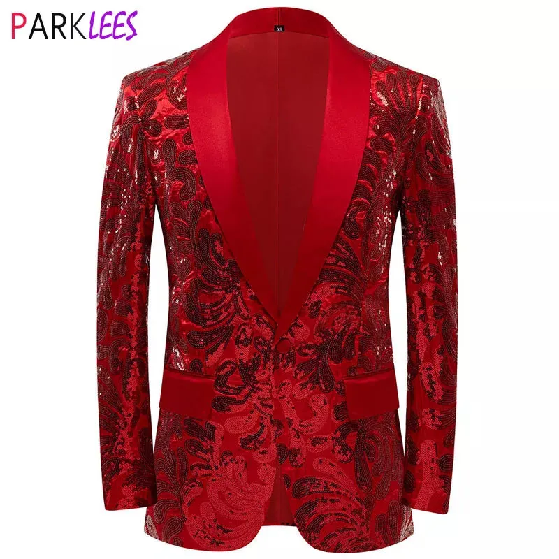 Men's Shiny Red Sequins Floral Suit Jacket One Button Shawl Lapel Tuxedo Party Wedding Banquet Prom Homme blazers