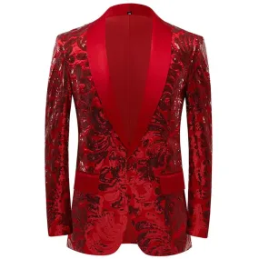 Men's Shiny Red Sequins Floral Suit Jacket One Button Shawl Lapel Tuxedo Party Wedding Banquet Prom Homme blazers