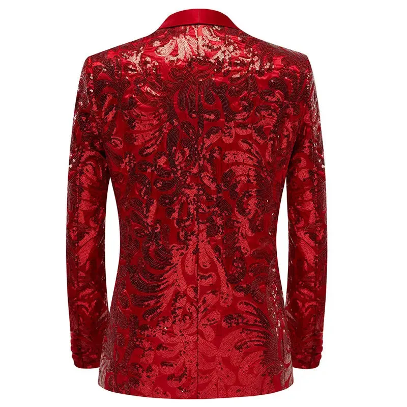 Men's Shiny Red Sequins Floral Suit Jacket One Button Shawl Lapel Tuxedo Party Wedding Banquet Prom Homme blazers