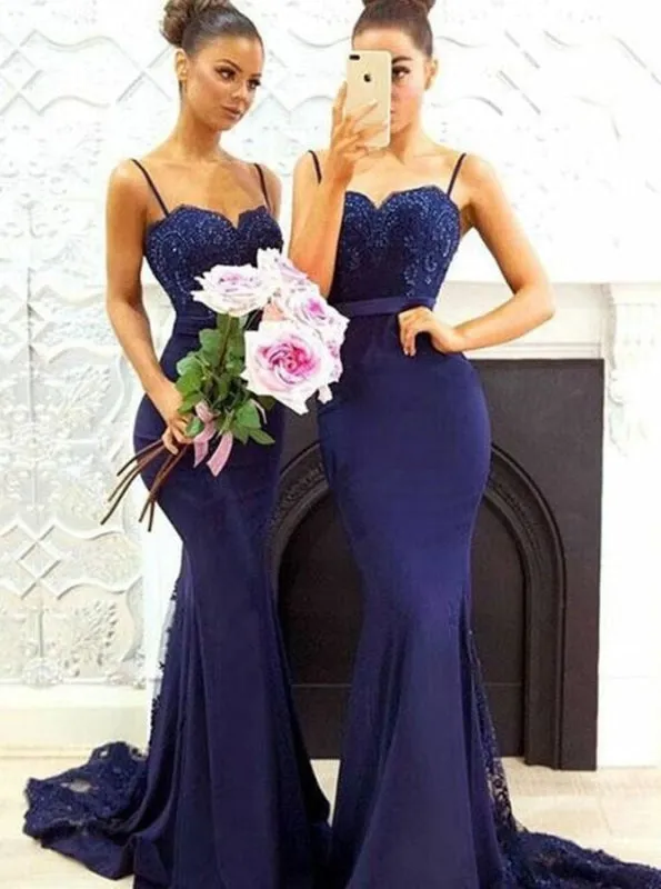 Mermaid Spaghetti Straps Navy Blue Satin Bridesmaid Dress