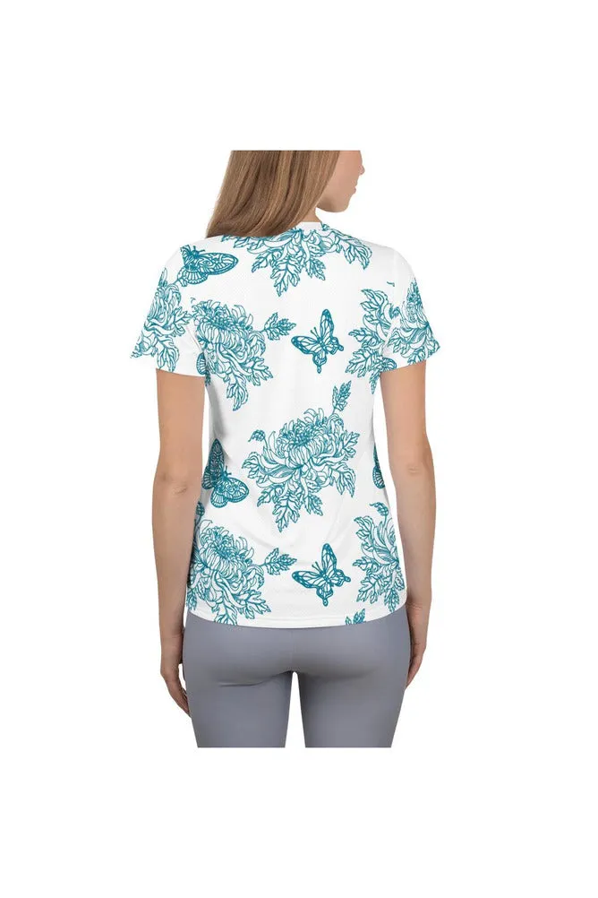 Mosaic Blue Chrysanthemum on White Women's Athletic T-shirt