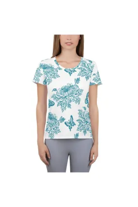 Mosaic Blue Chrysanthemum on White Women's Athletic T-shirt