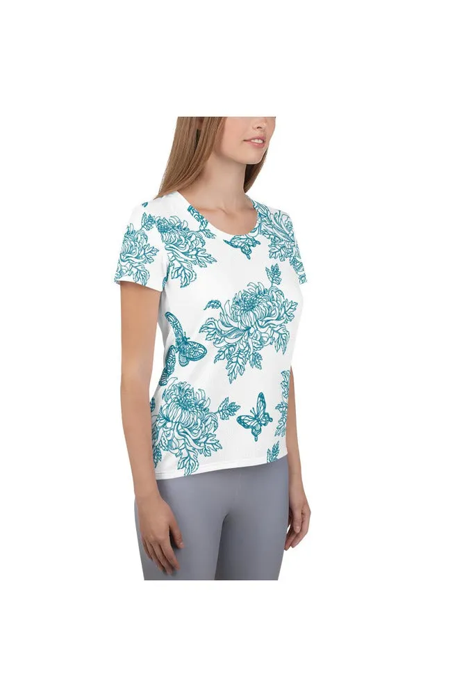 Mosaic Blue Chrysanthemum on White Women's Athletic T-shirt