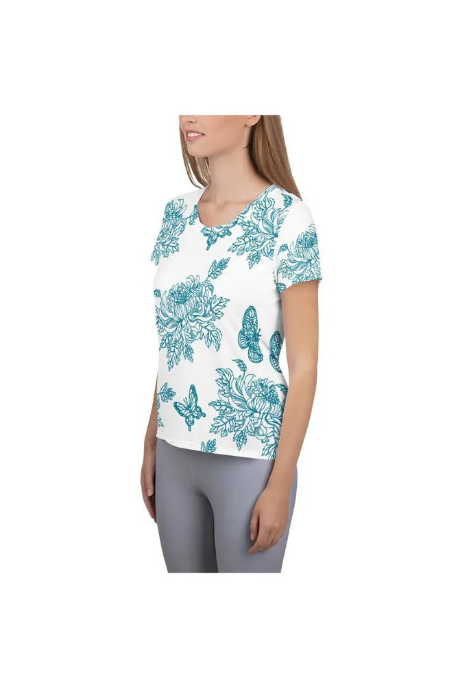 Mosaic Blue Chrysanthemum on White Women's Athletic T-shirt