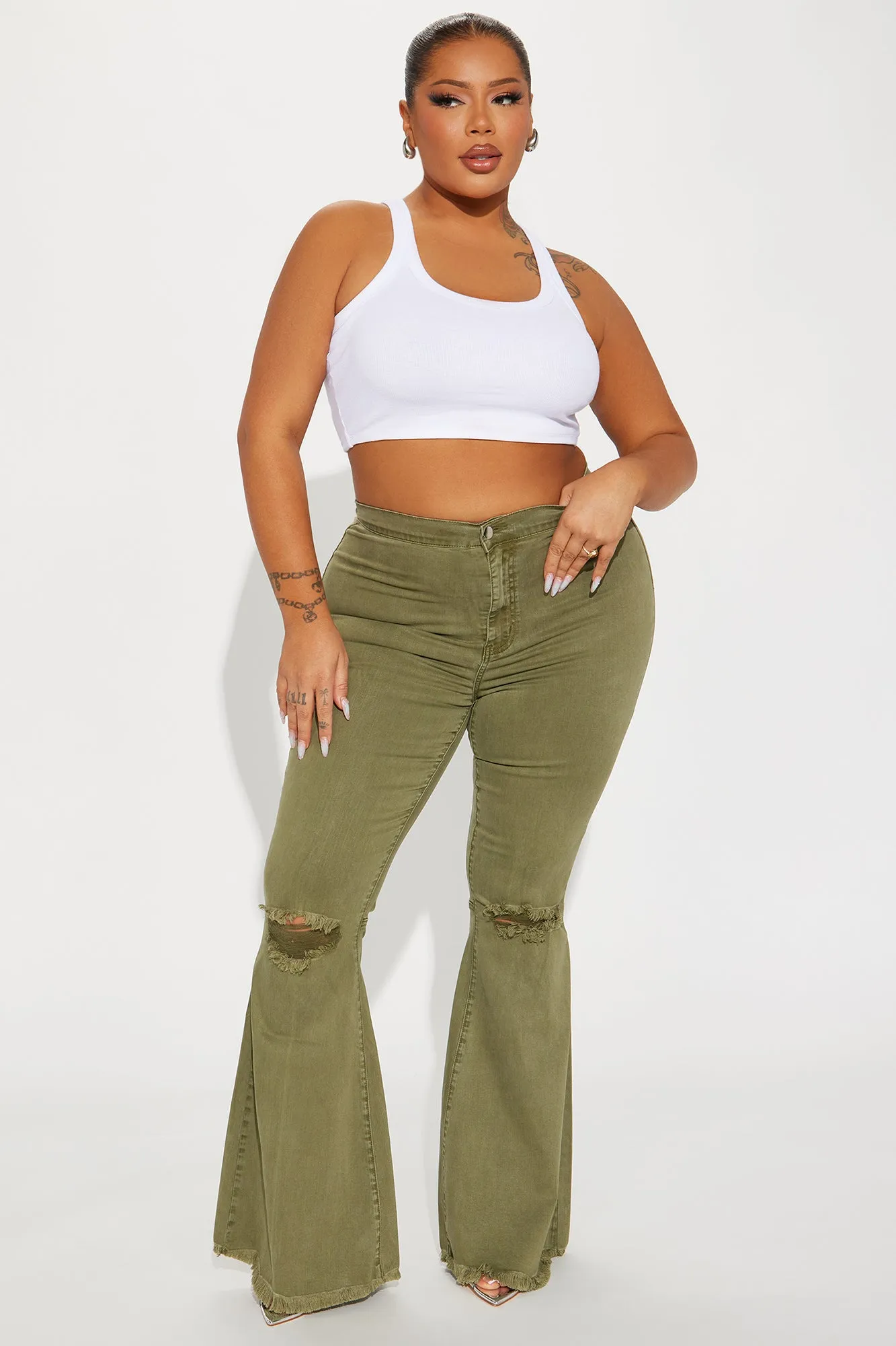 Mystery Solved Extreme Bell Bottom Jeans - Olive