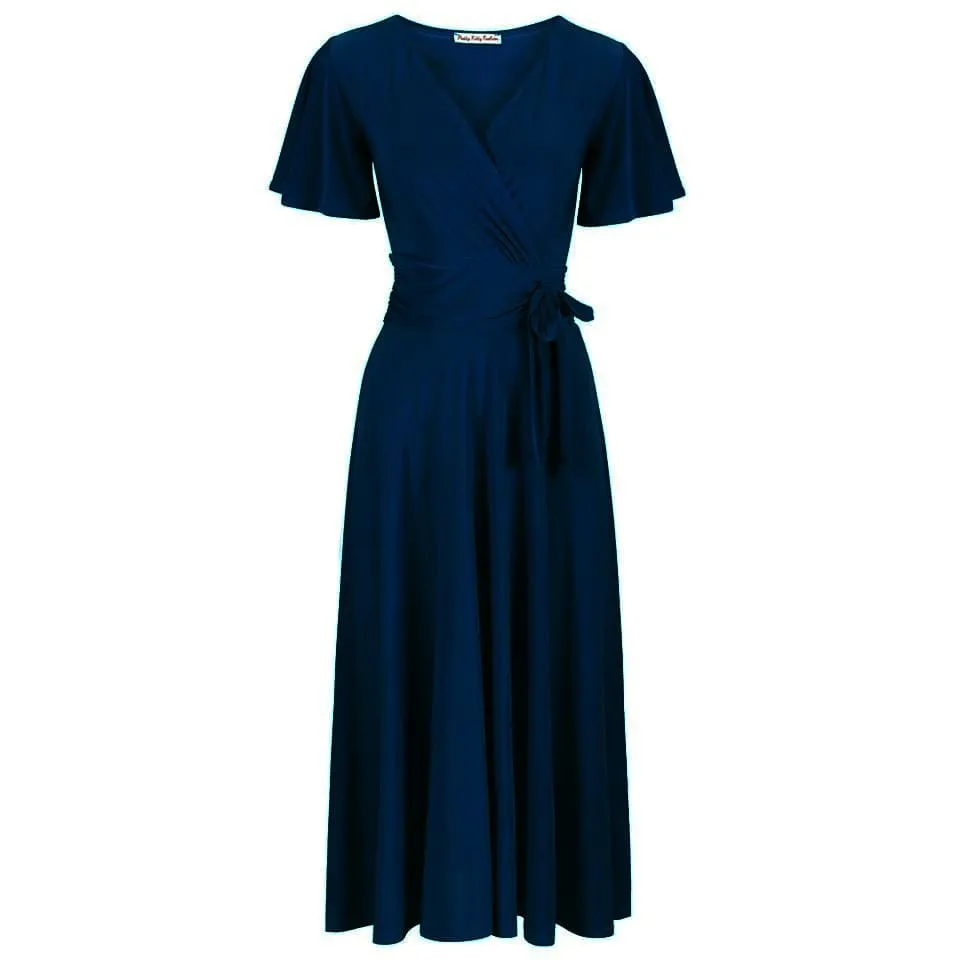 Navy Blue Cap Sleeve V Neck Wrap Top Swing Dress