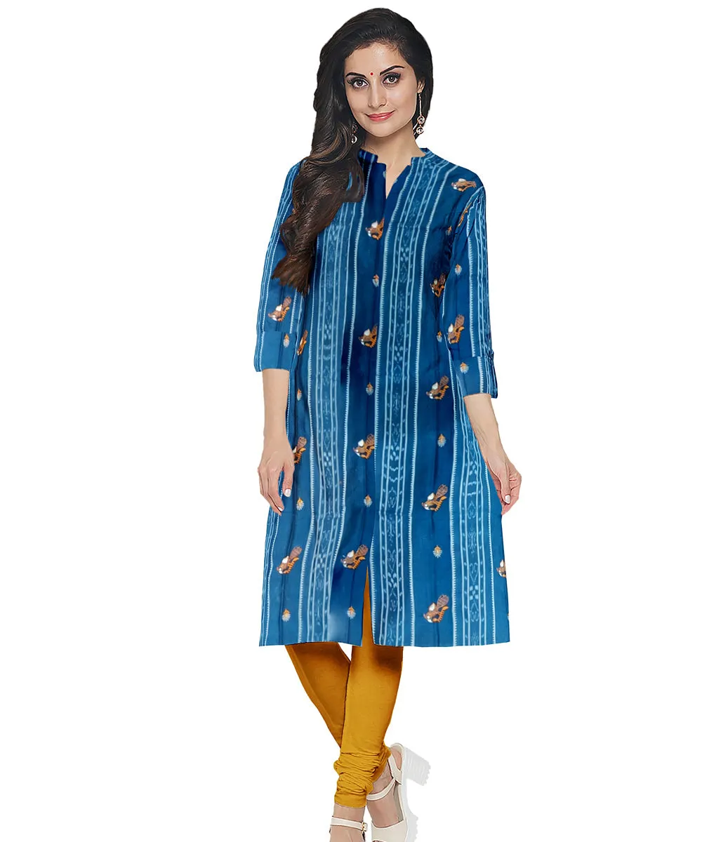 Navy blue yellow hand woven cotton nuapatna dress material