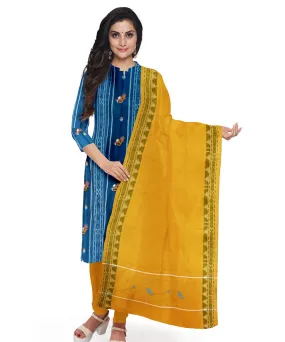 Navy blue yellow hand woven cotton nuapatna dress material