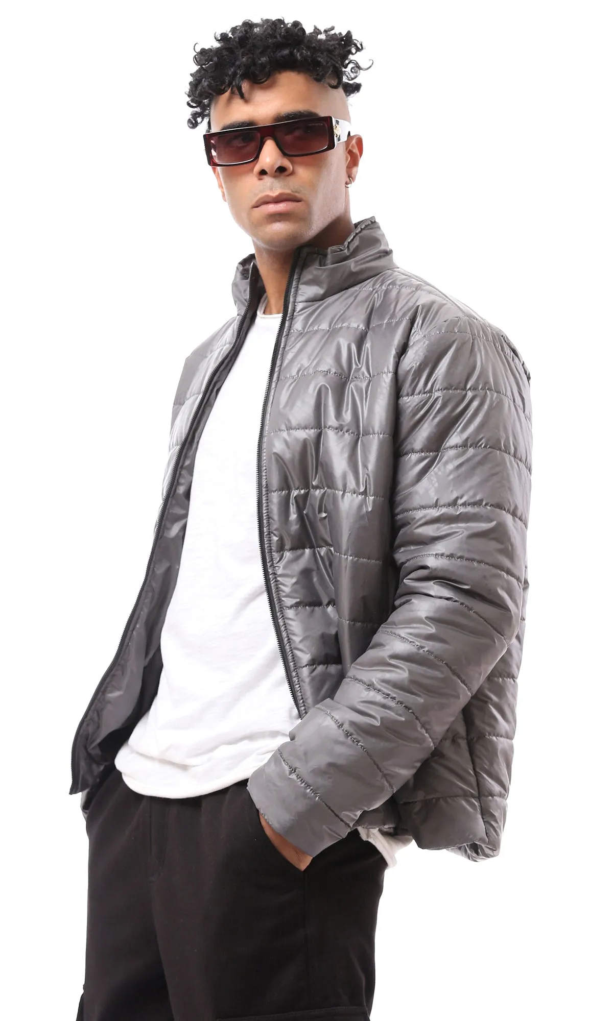 O171092 Dark Grey Polyester Fly Zipper Puffer Jacket