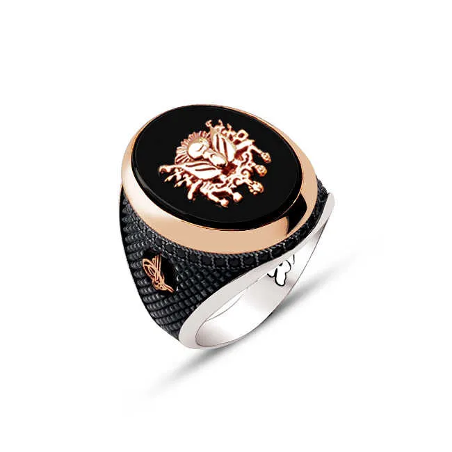 Ottoman Coat of Arms on Black Onyx Stone Ellipse Silver Men’s Ring Siding Zircons and Black Diamond Pattern and Ottoman Tughra