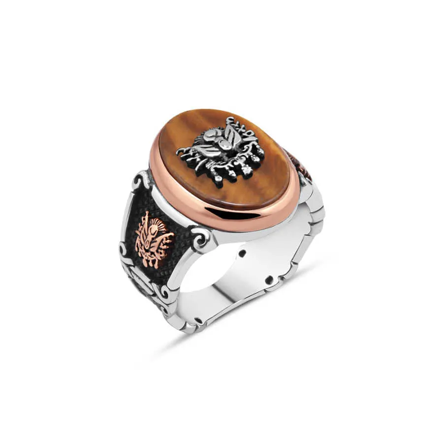 Ottoman State Coat of Arms on Ellipse Tiger Eye Stone Silver Men’s Ring Siding Ottoman Coat of Arms