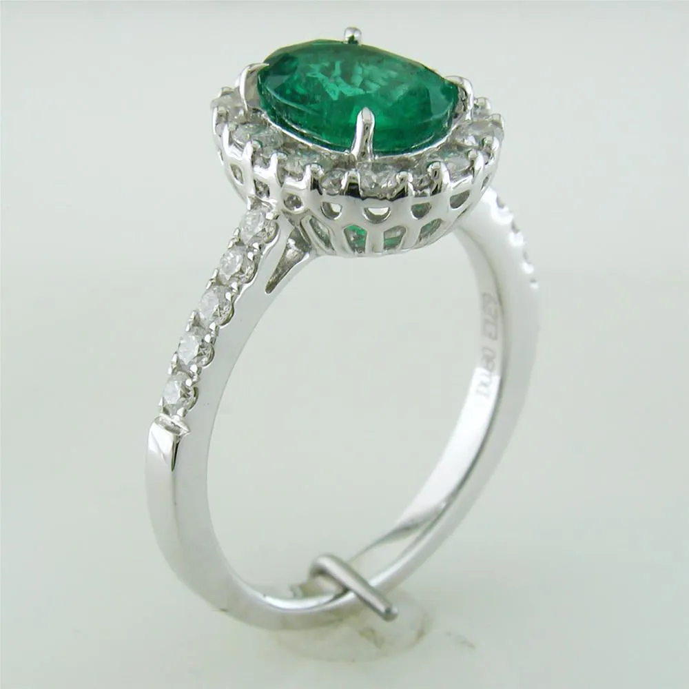 Oval Emerald Diamond Halo Color Crown Collection 18K White Gold Ring