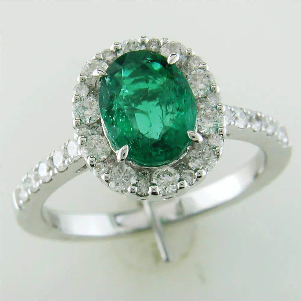 Oval Emerald Diamond Halo Color Crown Collection 18K White Gold Ring