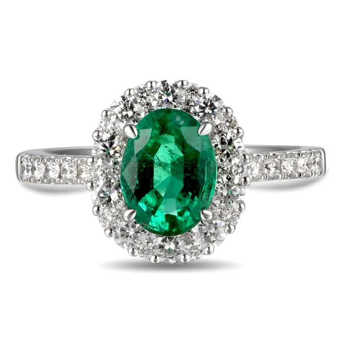 Oval Emerald Diamond Halo Color Crown Collection 18K White Gold Ring