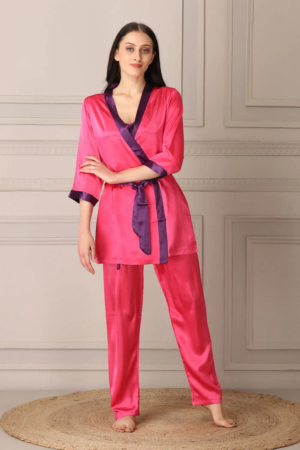 Pink Satin Night suit with Robe