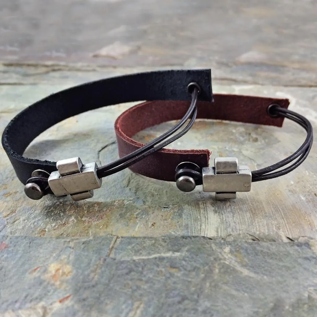 plus // simple modern single strap leather bracelet with pewter plus sign slider