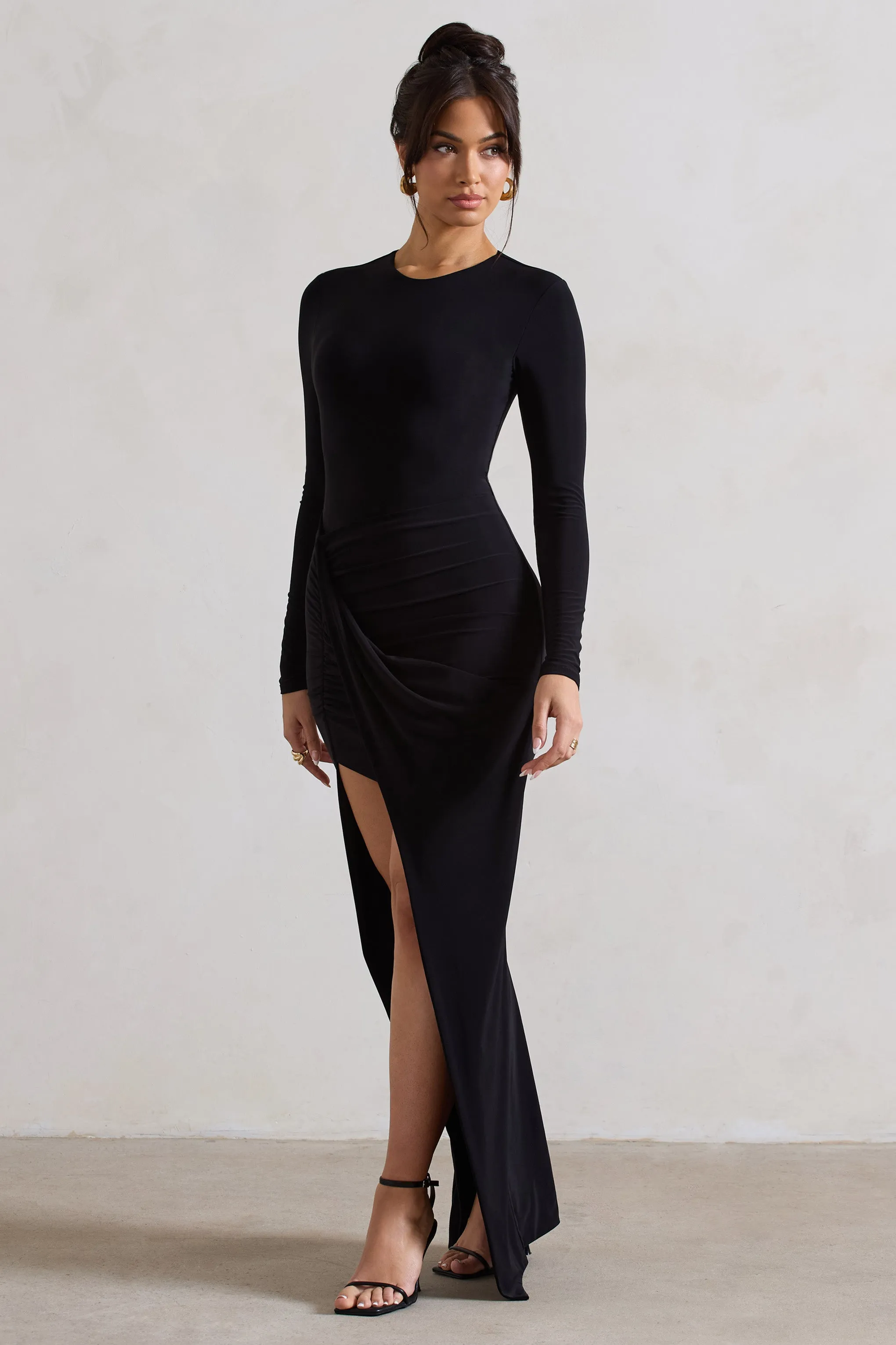 Rebekah | Black Long-Sleeve Wrap Maxi Dress