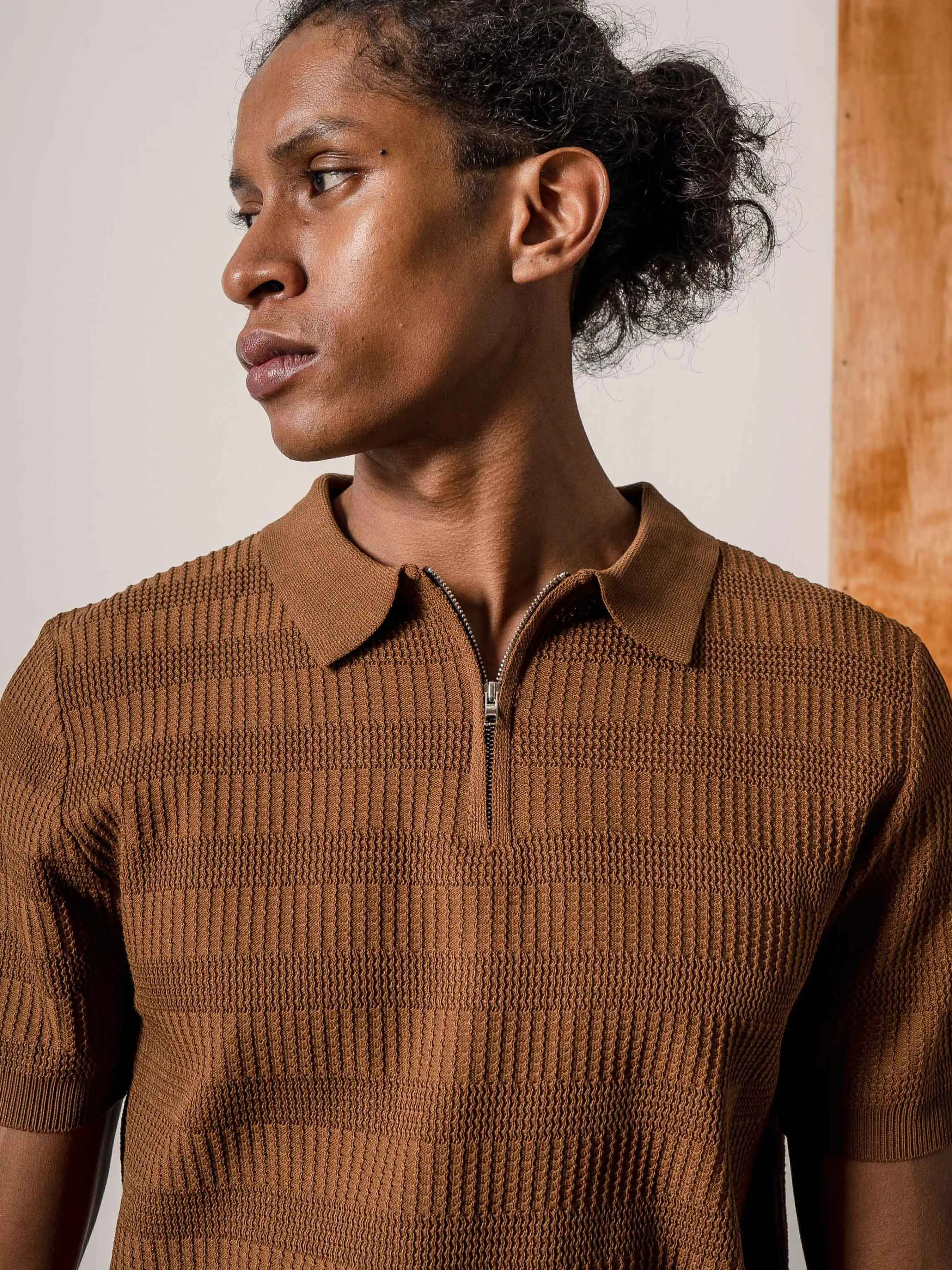 Riccardo Knit Polo Tee - Coffee Quarter-Zip