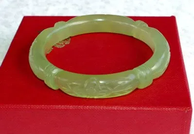 Sale-Flowers and Bamboo Knot Carved Classic Round Chinese Jade Bangle Bracelet 53mm (NJCARV-23-53)