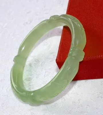 Sale-Flowers and Bamboo Knot Carved Classic Round Chinese Jade Bangle Bracelet 53mm (NJCARV-23-53)