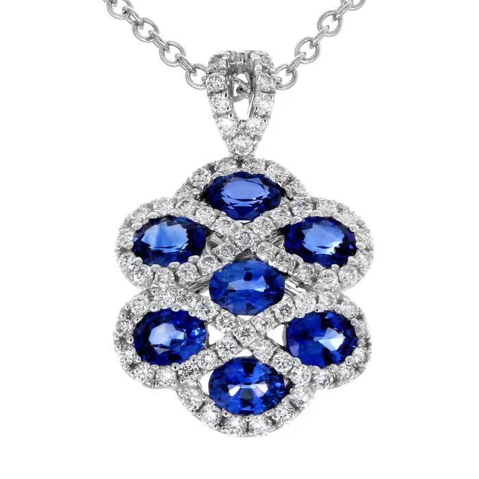 Sapphire & Diamond Criss Cross Pendant Necklace 18K White Gold