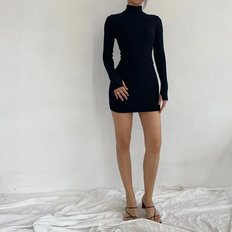 Sexy Solid Turtleneck Skinny Mini Dress Women Rib Knit Keep Warm Long Sleeve Slim Dress Streetwear