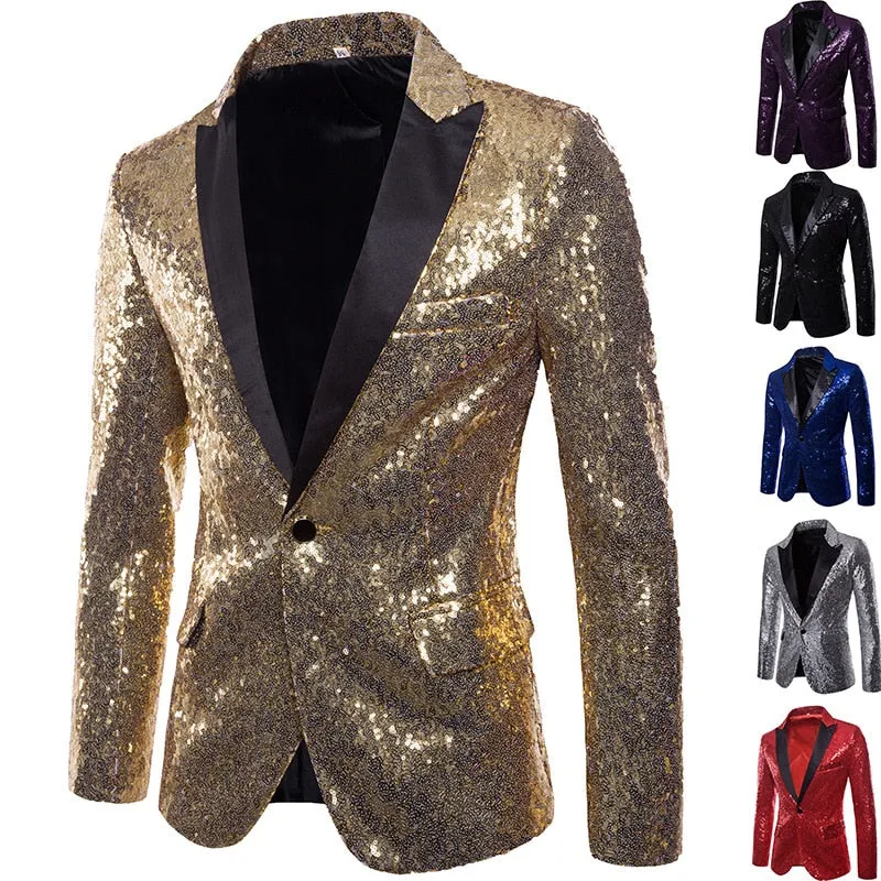 Shiny Gold Sequin Glitter Embellished Blazer Jacket Men's Nightclub Prom Suit Blazer Homme Stage Clothes For singers