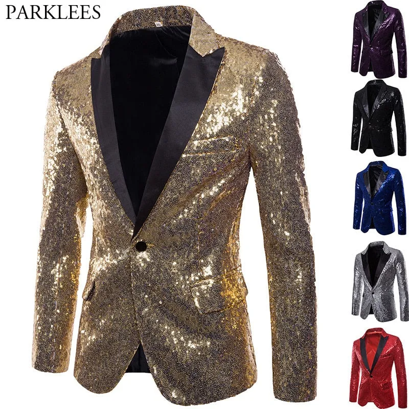 Shiny Gold Sequin Glitter Embellished Blazer Jacket Men's Nightclub Prom Suit Blazer Homme Stage Clothes For singers