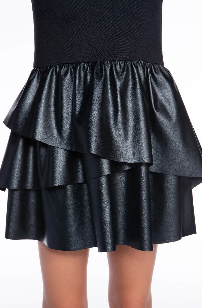 Simply Soft Flutter Sleeve Asymmetrical Skirt Dress - Black Pleather