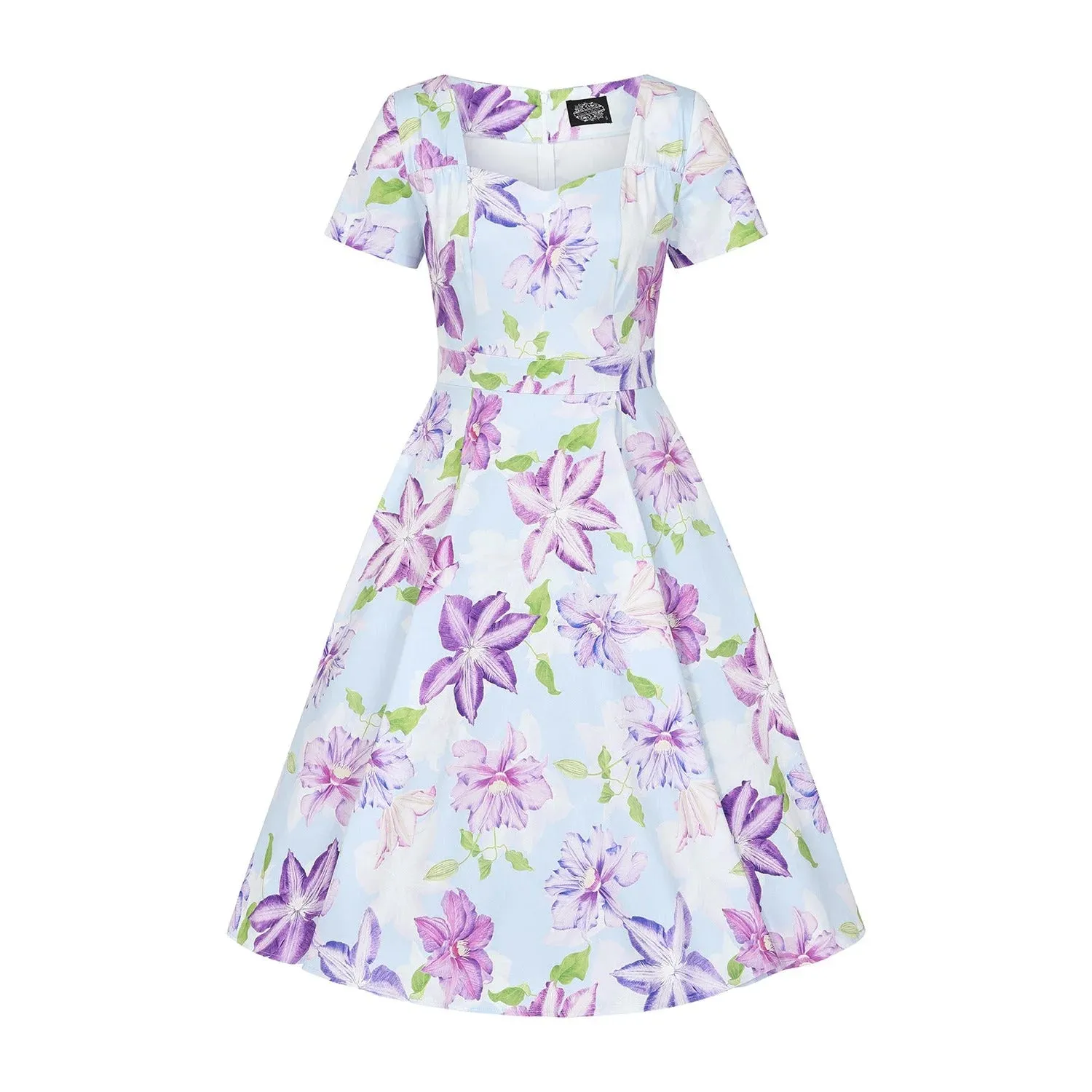 Sky Blue And Purple Floral Short Sleeve 50s Swing Dress