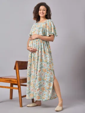 Sky Blue Floral Maternity and Nursing Maxi Dress