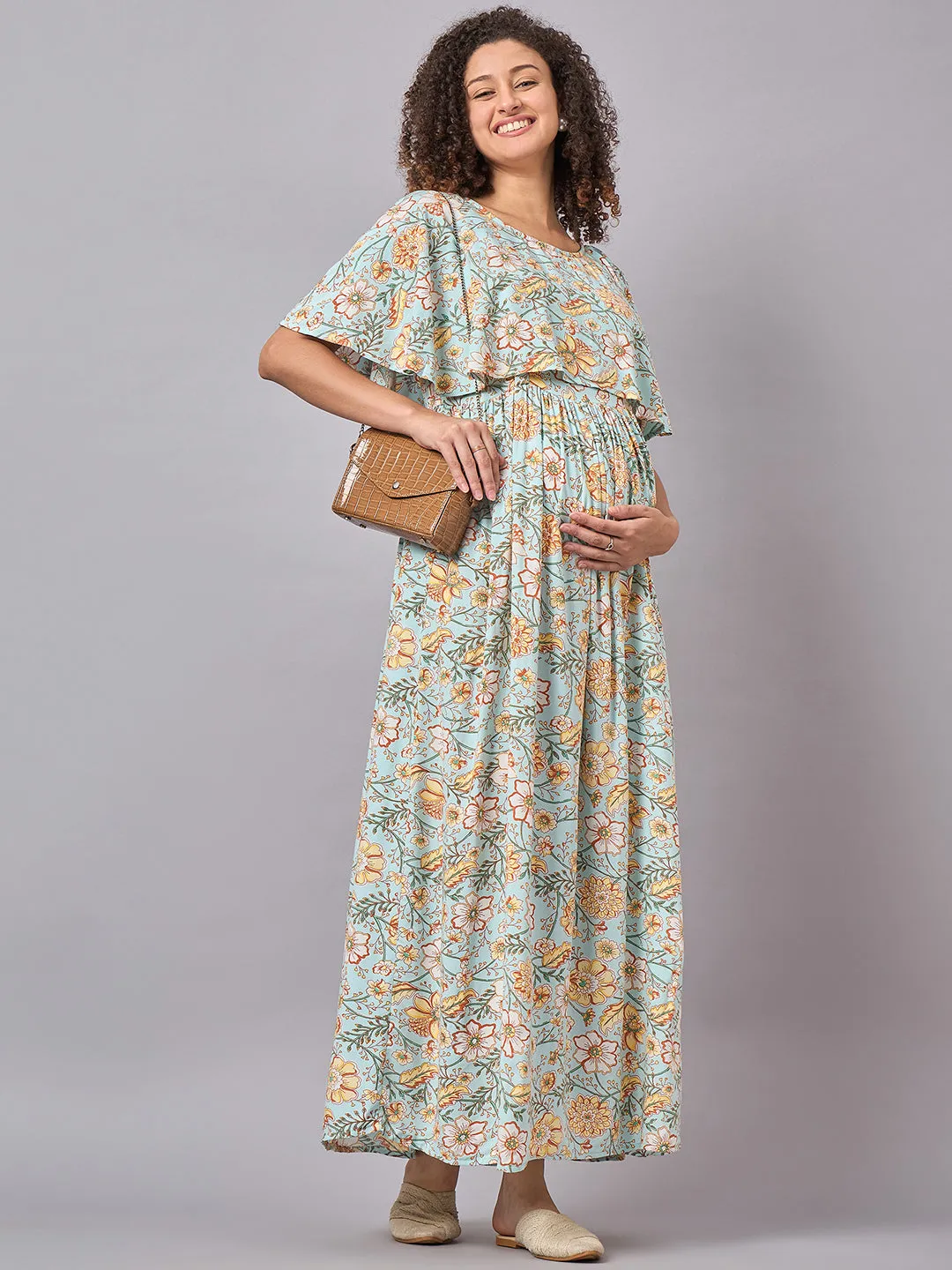 Sky Blue Floral Maternity and Nursing Maxi Dress