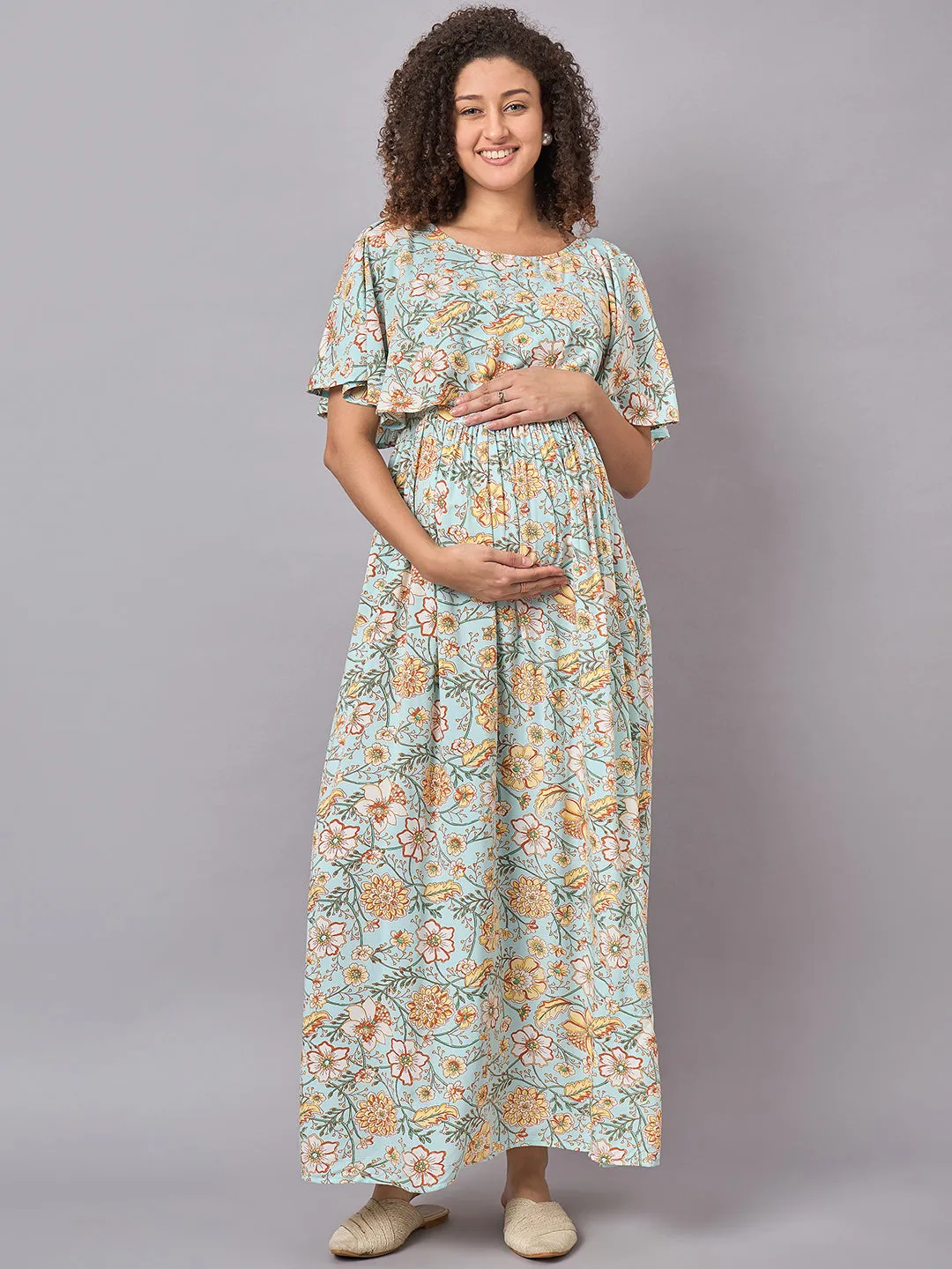 Sky Blue Floral Maternity and Nursing Maxi Dress