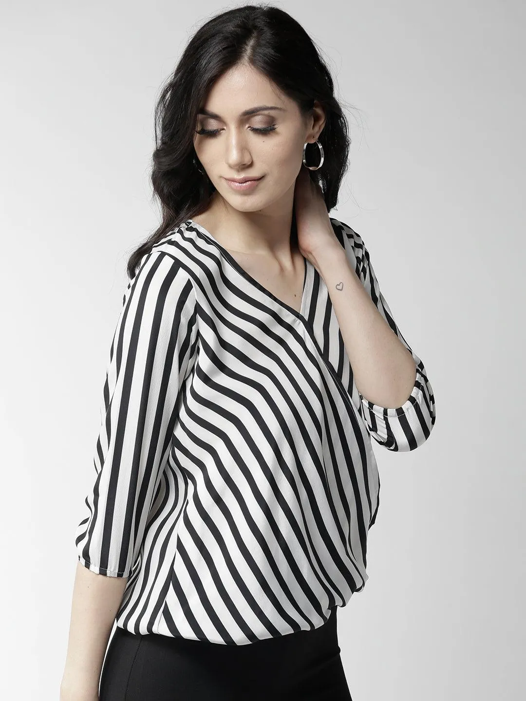 Style Quotient Women Black and White Stripe Polyester Relaxed fit Smart casual top