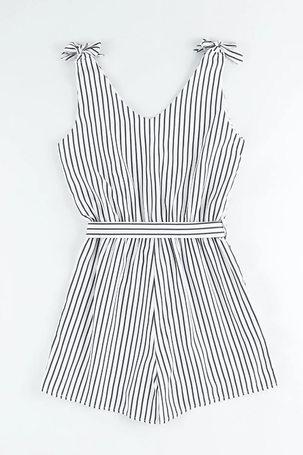 Sunset and Swim Striped Tie-Shoulder Belted Surplice Romper