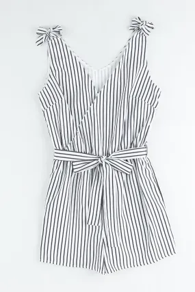 Sunset and Swim Striped Tie-Shoulder Belted Surplice Romper