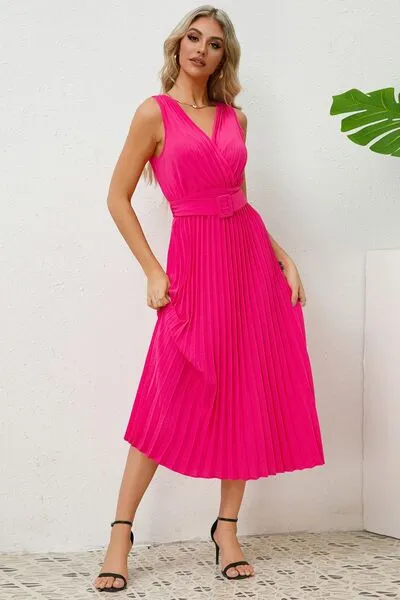 Surplice Sleeveless Midi Pleated Dress