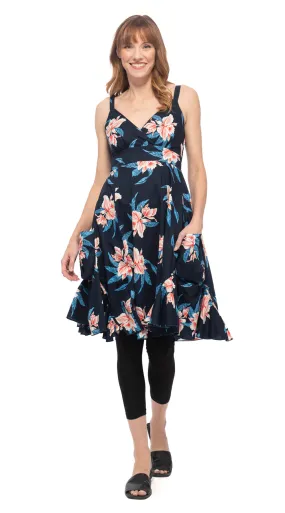 Swing Dress - navy hibiscus - cotton