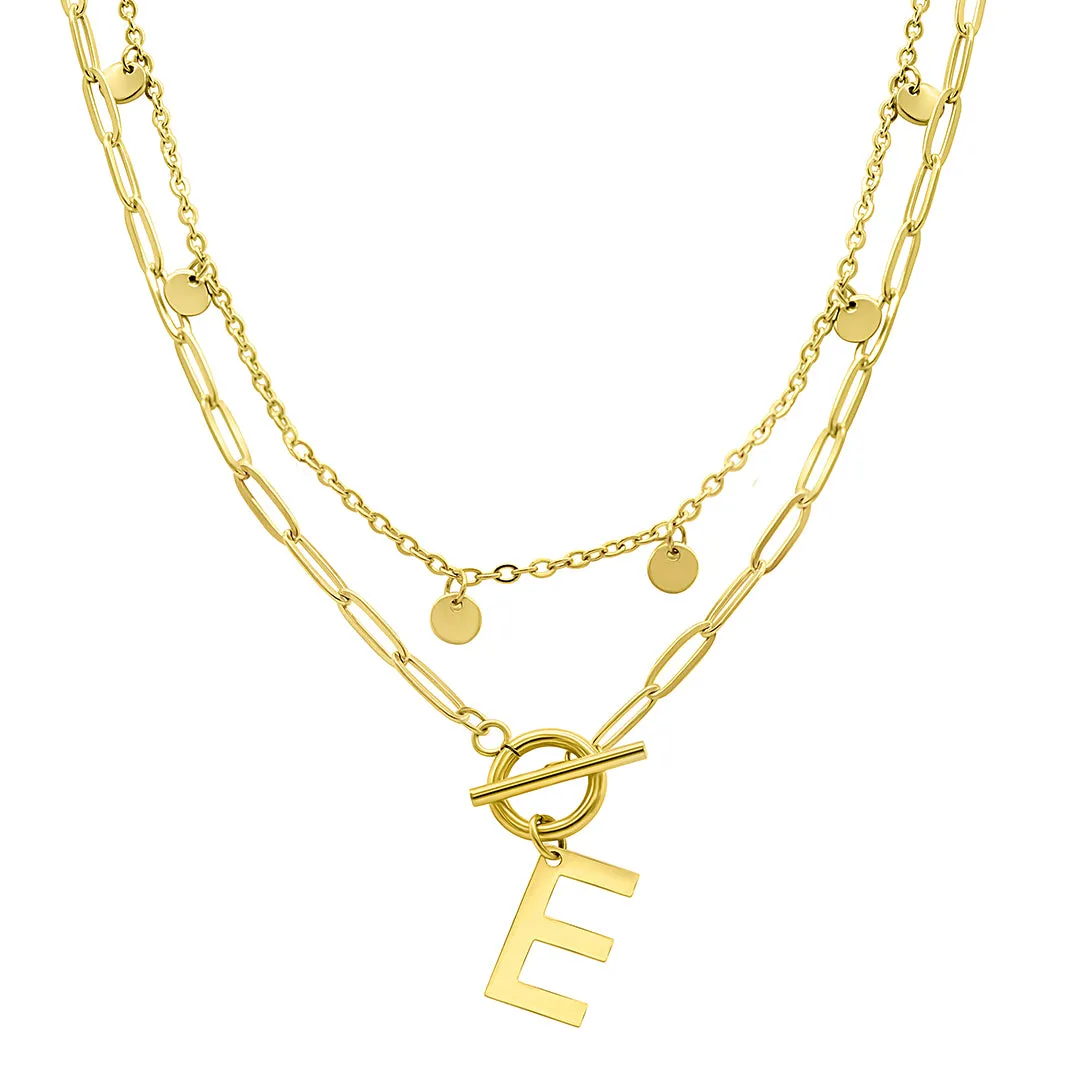 Tarnish Resistant 14K Gold Plated Confetti And Paperclip Layered Initial Toggle Necklace