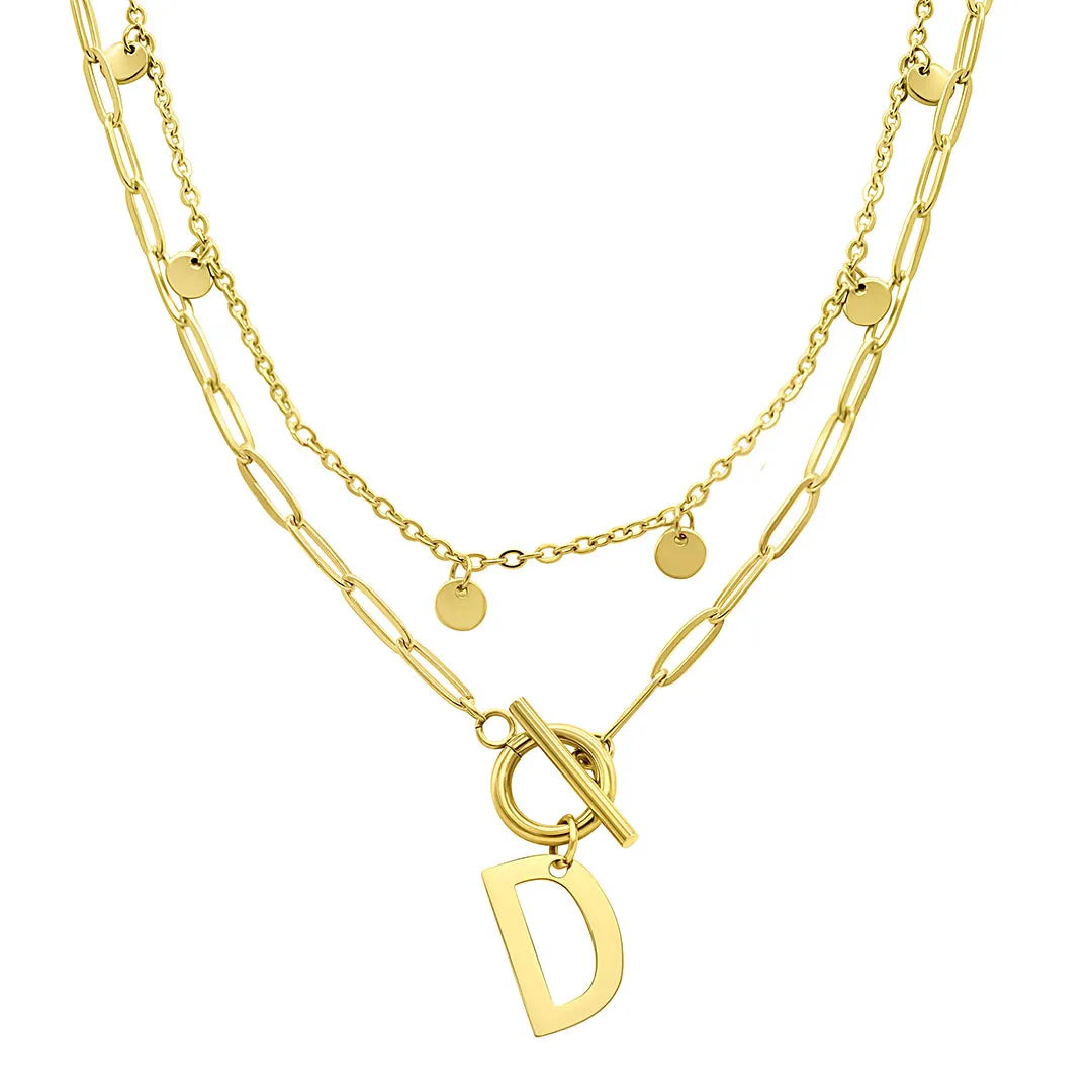 Tarnish Resistant 14K Gold Plated Confetti And Paperclip Layered Initial Toggle Necklace